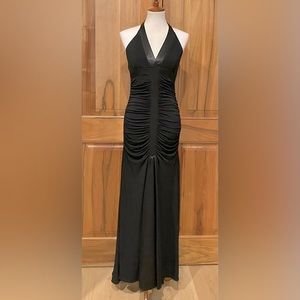 VTG Cache, Black Jersey Knit Satin-Trimmed, Ruched-Side Halter-Top Formal Gown 6